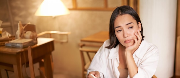 Foto gratuita una foto vertical de una chica asiática sentada sola en un café lee un libro y parece molesta bebe café con