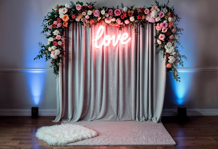 Fotocall romántico de boda con un letrero de amor de neón