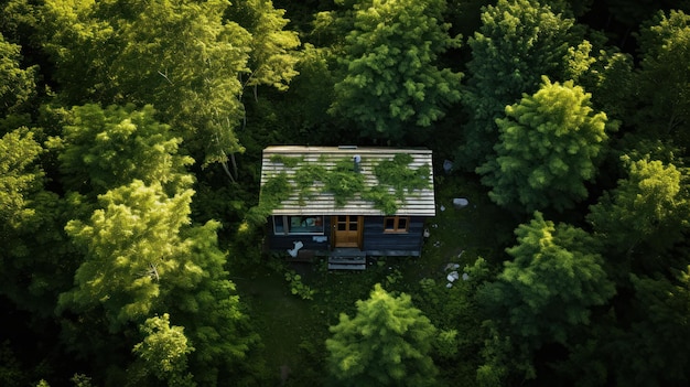 Foto gratuita fotografía aérea de una acogedora cabaña en medio de los árboles del bosque