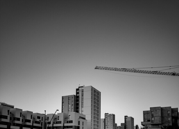 Fotografía en blanco y negro de edificios y grúas.