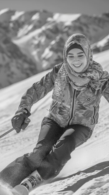 Fotografía completa de una mujer esquiando monocromática