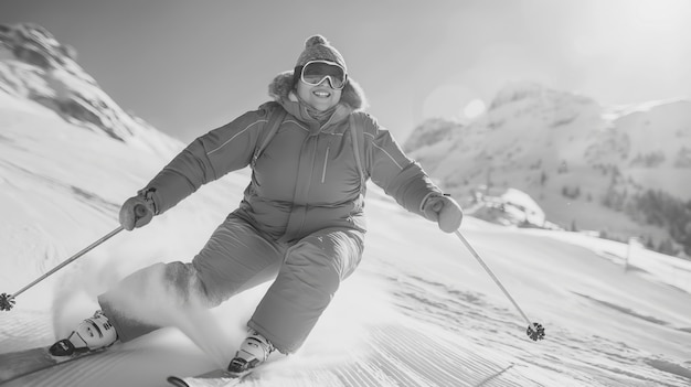 Foto gratuita fotografía completa de una mujer esquiando monocromática