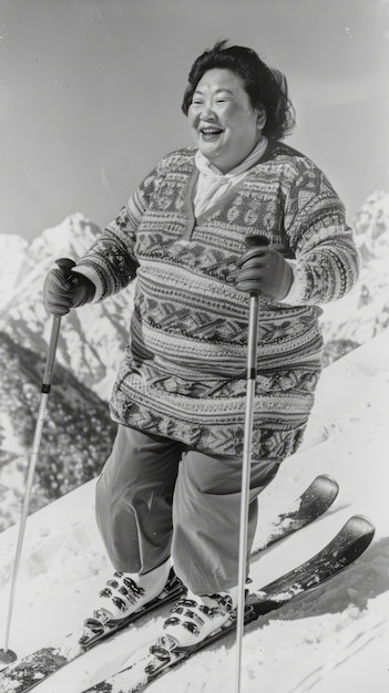 Foto gratuita fotografía completa de una mujer esquiando monocromática