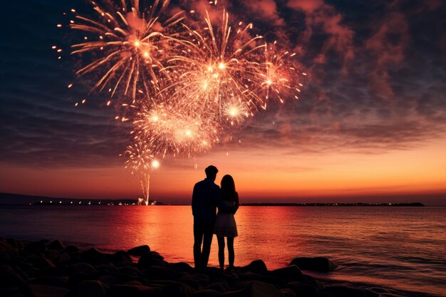 Fotografía completa de una pareja celebrando el año nuevo.