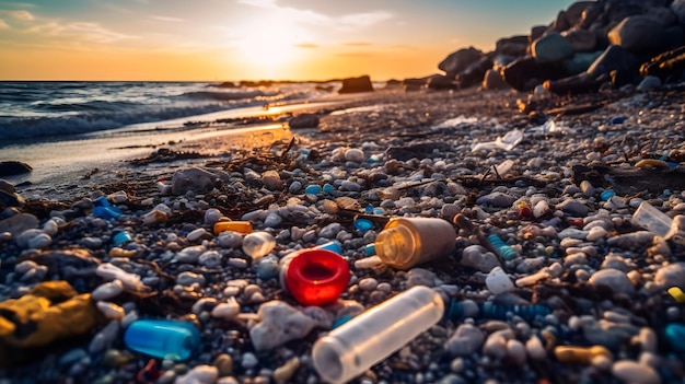 fotografía de contaminación plástica en la playa