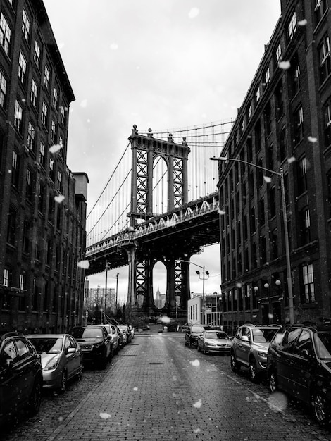 Fotografía en escala de grises del puente de Brooklyn
