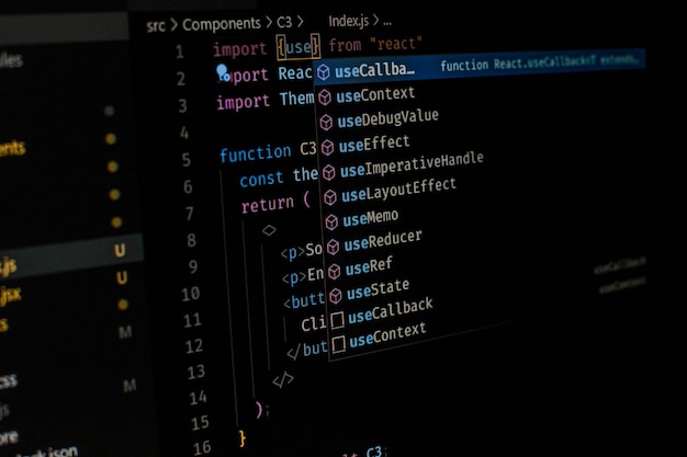 Foto gratuita fotografía lateral de un editor de código que utiliza react js