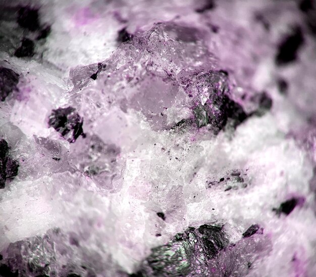 Fotografía macro de roca púrpura con cristales blancos y fondo negro