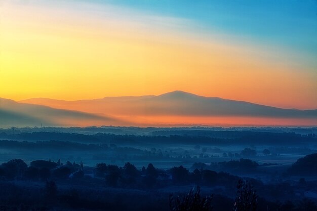 Fotografía de paisaje de árboles cerca de la montaña durante el atardecer naranja