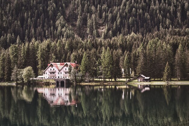 Fotografía de paisaje de cabaña cerca del bosque