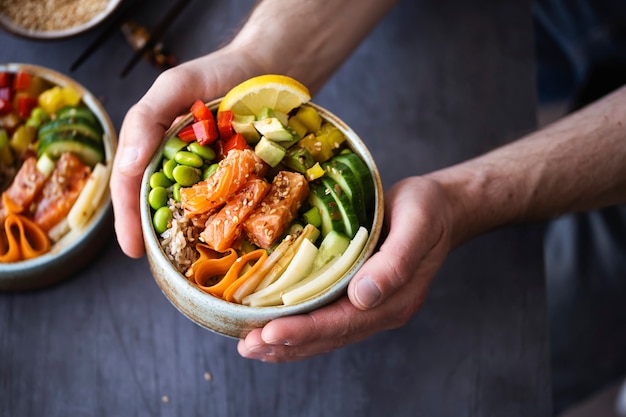 Foto gratuita fotografía de salmón con verduras y arroz