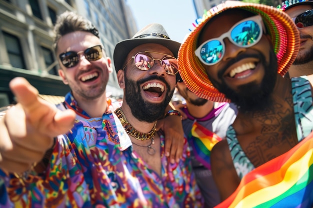 Foto gratuita fotorealistas colores del arco iris con hombres celebrando el orgullo juntos