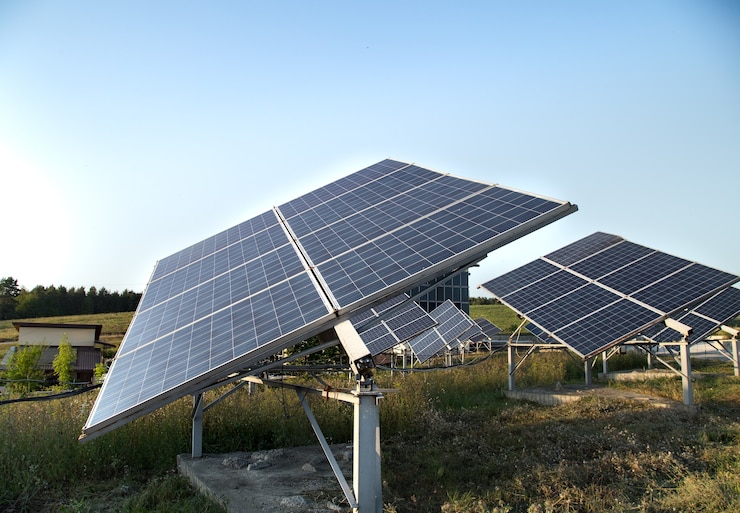 Photo Gratis fotovoltaik dalam energi stasiun tenaga surya dari alam.