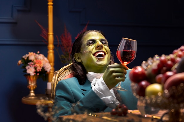 Frankenstein con copa de vino tiro medio