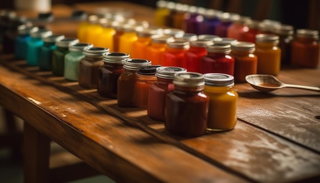 Foto gratuita frascos coloridos de diferentes colores se sientan en una mesa de madera.