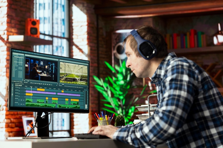 Foto gratuito freelancer en la oficina en casa usando herramientas de edición en la pc para cortar imágenes de proyectos de películas