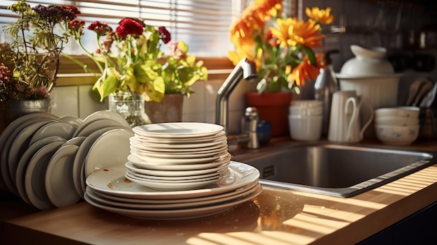 Foto gratuita fregadero de la cocina con platos en una encimera de madera