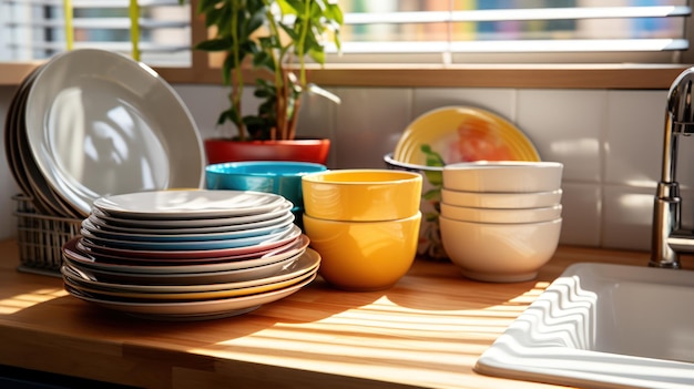 Foto gratuita un fregadero lleno de platos en una encimera de madera sólida