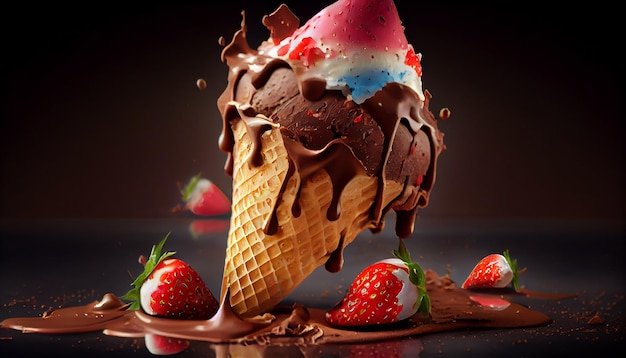 Fresa bañada en chocolate en helado dulce IA generativa