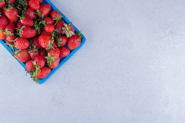 Fresas jugosas amontonadas en una bandeja azul sobre fondo de mármol. Foto de alta calidad