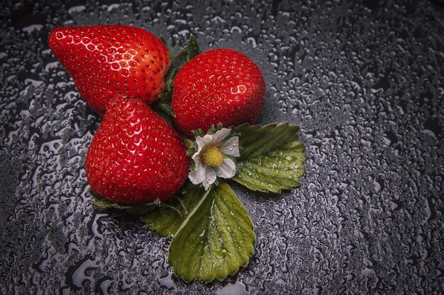 Fresas sobre base de pizarra natural, fotografía de comida oscura