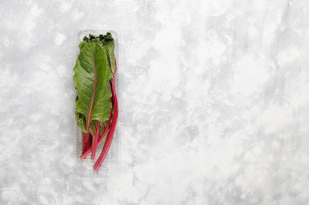 Foto gratuita frescas hojas de remolacha verde (remolacha forrajera) en caja de plástico sobre hormigón gris