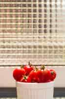 Foto gratuita frescos jugosos tomates cherry en un recipiente