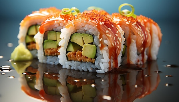 Foto gratuita frescura y alimentación saludable en un plato de maki sushi generado por inteligencia artificial