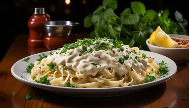 Frescura de comida gourmet en plato de pasta casera alimentación saludable generada por inteligencia artificial