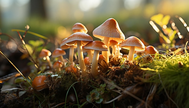 Foto gratuita frescura del crecimiento de otoño en el bosque no cultivado de cerca de hongos generados por la ia