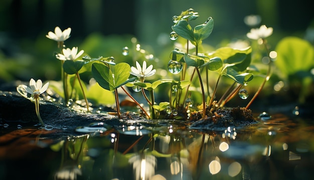 Foto gratuita la frescura de las hojas verdes de primavera, las flores en flor y los estanques tranquilos generados por la inteligencia artificial.