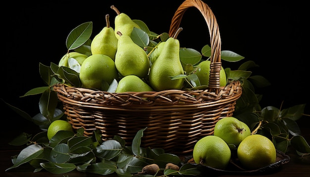 Frescura y naturaleza en una canasta de frutas maduras orgánicas generada por inteligencia artificial