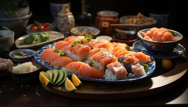 Foto gratuita frescura en el plato mariscos con pescado sashimi nigiri jengibre palillos arroz generado por inteligencia artificial