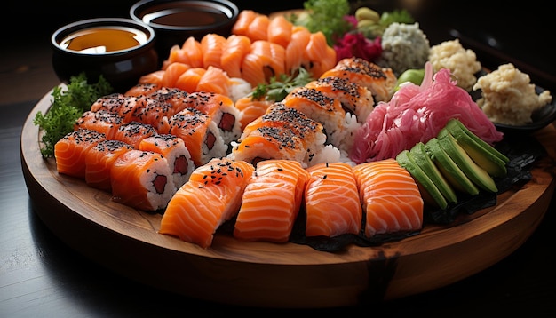 Foto gratuita frescura en un plato mariscos sashimi maki sushi aguacate arroz generado por inteligencia artificial