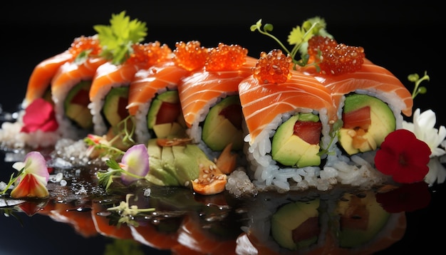Foto gratuita frescura en el plato mariscos sashimi maki sushi aguacate arroz vegetal generado por inteligencia artificial