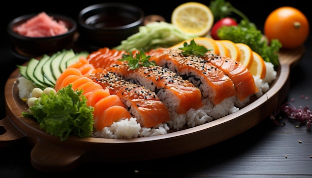 Foto gratuita frescura en un plato de mariscos sashimi maki sushi nigiri vegetal generado por inteligencia artificial