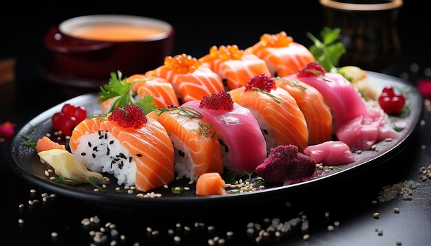 Frescura en el plato mariscos sashimi nigiri maki sushi alimentación saludable generada por inteligencia artificial