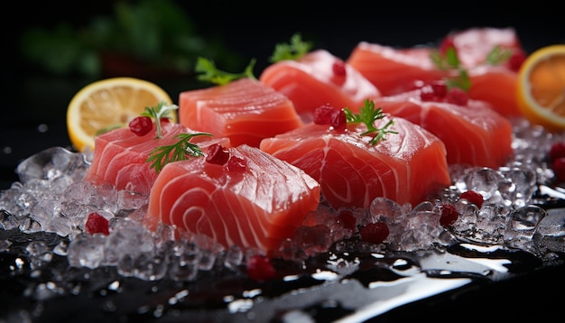 Frescura y rebanada gourmet de sashimi de filete de mariscos con limón generada por inteligencia artificial