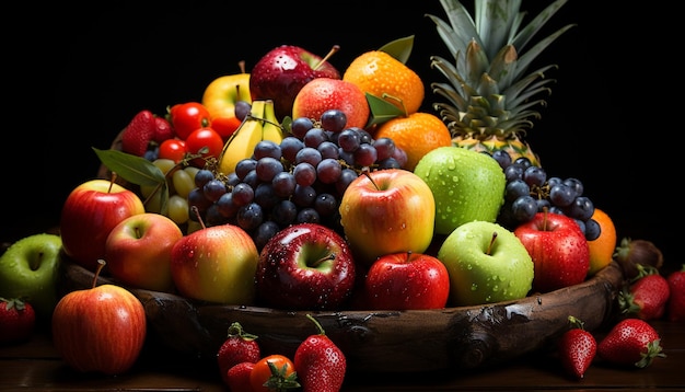 Frescura y variedad de frutas saludables sobre mesa de madera generada por inteligencia artificial