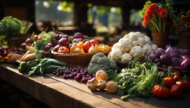 Foto gratuita frescura de verduras orgánicas en mesa de madera alimentación saludable generada por inteligencia artificial