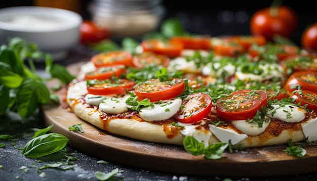 Foto gratuita fresquedad en la mesa de madera pizza gourmet casera generada por la ia