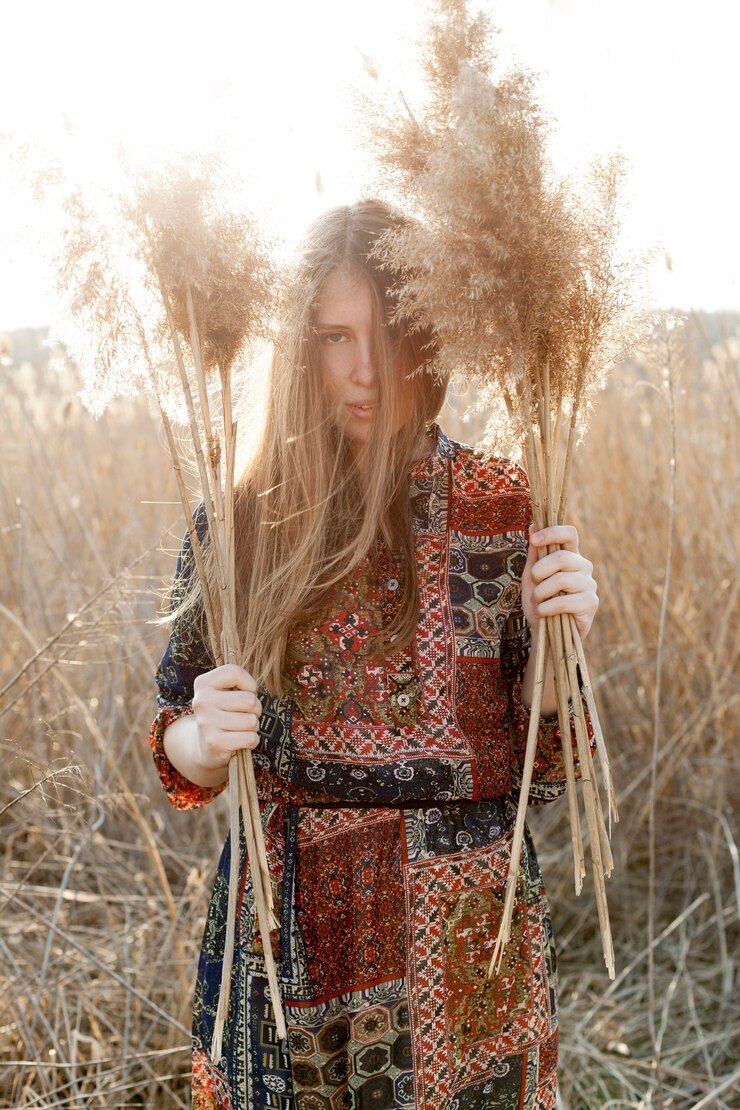 Photo Gratis front view of bohemian woman posing in nature field