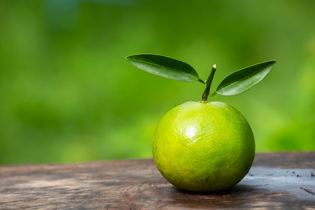 La fruta anaranjada se coloca en un piso de madera y tiene un verde natural.