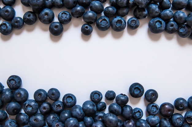 Fruta fresca dulce de arándano y hoja de menta con copia espacio. Comida sana del postre. Grupo de bayas orgánicas jugosas azules maduras. Para el sitio web, diseño de la bandera. Aislados en fondo blanco.