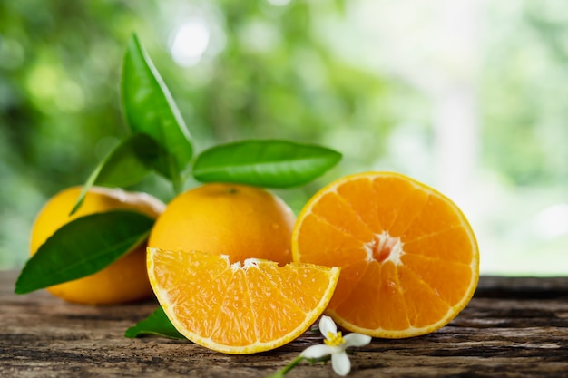Fruta fresca de naranja jugosa sobre la naturaleza verde