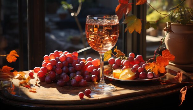 Fruta fresca de otoño en una copa de vino de mesa rústica llena de vino generado por inteligencia artificial