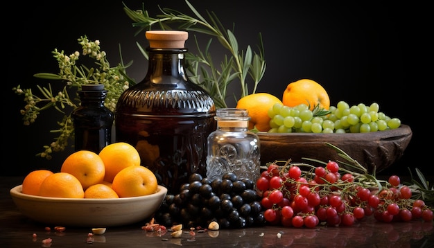 Fruta fresca sobre mesa de madera sana y deliciosa generada por inteligencia artificial