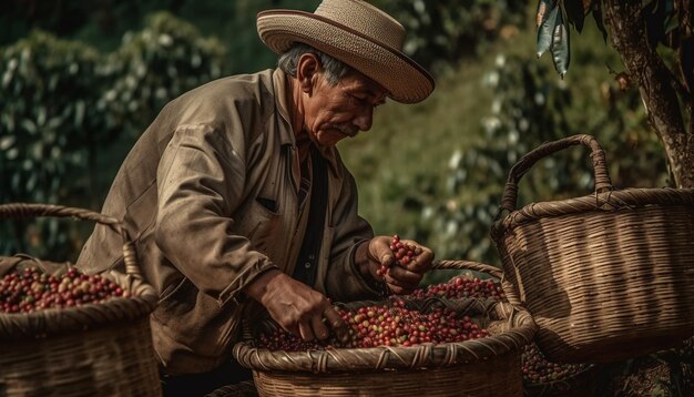 Fruta madura recolectada por un agricultor senior al aire libre generada por IA