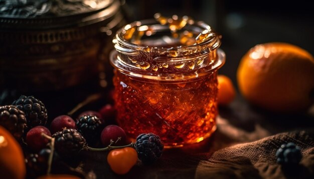 Fruta orgánica fresca en un tarro rústico generado por IA