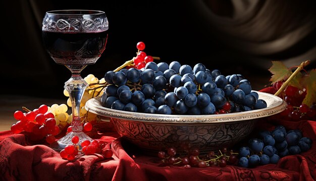 Fruta de uva con comida y vino, tazón de mesa, alcohol, bebida gourmet natural generada por inteligencia artificial